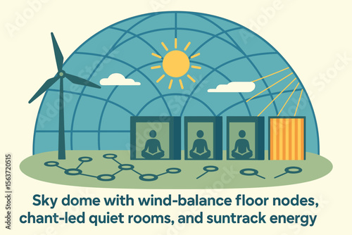 Futuristic sky dome with meditation rooms, wind turbine, and solar array