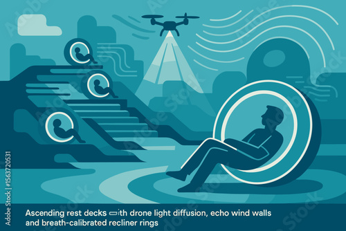 Futuristic concept art of people lounging in pod chairs under drone light