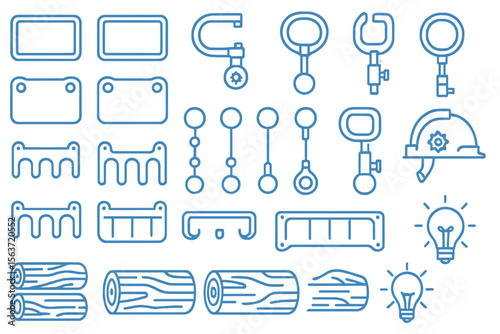 Set of blue industrial and workshop icons in linear style