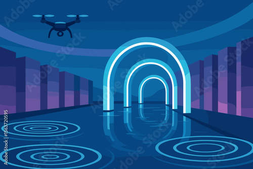 A futuristic neon-lit waterway with glowing arches, a flying drone above, and digital soundwave ripples on the water's surface.