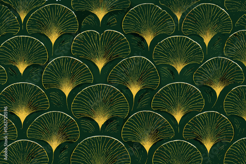 Sophisticated pattern of fan-shaped designs in rich green and golden accents, evoking elegance and nature-inspired beauty.