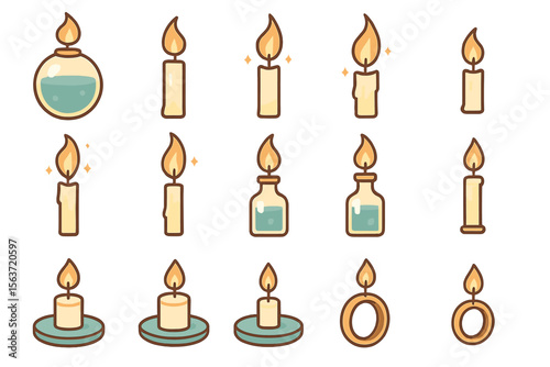 Set of 12 illustrations of various types of candles including liquid-filled glass bottles, dripping wax candles, and candles in holders with flames.