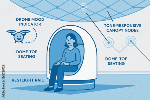 Futuristic seating concept with dome-top seating, drone mood indicators, and tone-responsive canopy nodes.