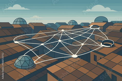 A digital illustration of interconnected rooftops, with glowing lines forming a network between various domes and structures, symbolizing advanced urban connectivity and communication.