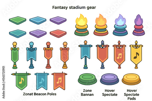 Colorful fantasy stadium gear including banners, hover pads, beacons, and flame torches for game zones.