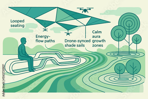 Illustration of a futuristic park design featuring looped seating, energy-flow paths, drone-synced shade sails, and calm aura growth zones surrounded by nature and trees.