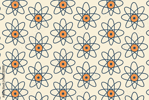 Seamless pattern of atomic symbols with a bright orange center and interconnected electron orbits, set on a light background.