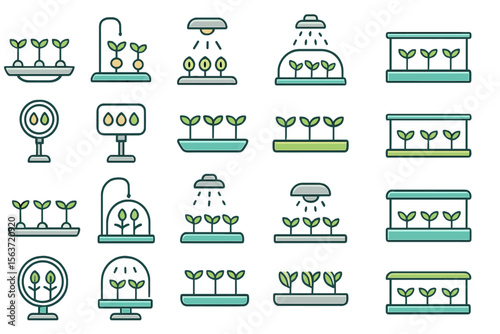 Vector illustrations of space farming systems, including plant trays, mist systems, lighting, and controlled environments for plant growth in space.