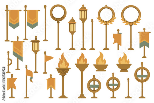 Set of 30 vector icons featuring flags, lanterns, torches, and ceremonial rings with vibrant details, perfect for ceremonial or festive designs.