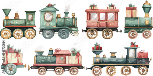 Watercolor Christmas Train Set with Presents Festive Holiday Season Illustration Isolated on White Background Nostalgic Toy