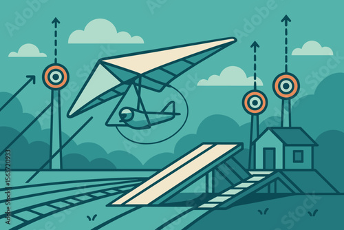 Illustration of a glider being launched with target beacons, a ramp, and a scenic background.