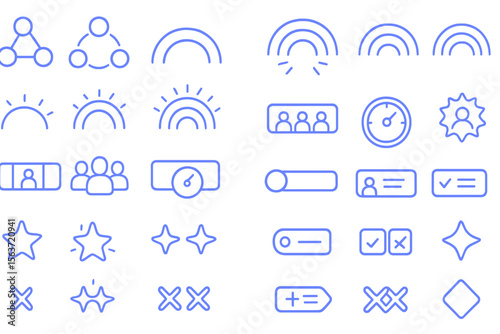 A collection of 30 multiplayer interface vector icons featuring user connections, settings, status bars, checkboxes, toggles, stars, and other interactive elements for digital collaboration platforms.