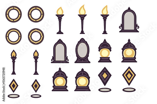 Set of magical icons featuring glowing lanterns, torches, mirrors, and mystical symbols.