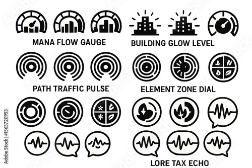 Set of futuristic RPG dashboard icons including gauges, traffic pulse, and elemental dials.