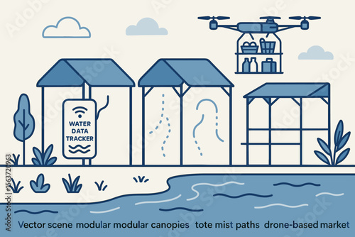 Minimalist vector illustration of smart riverside market with drone delivery