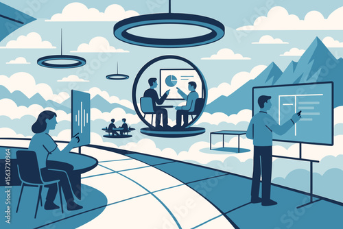 Futuristic workspace with floating collaborative pods, virtual displays, and interactive meetings in the clouds.