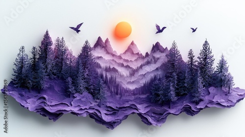 Purple paper cut mountains and trees.