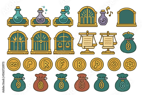 Fantasy game UI icons with potions, scrolls, runes, windows, and coin bags