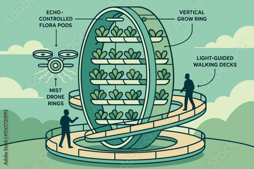 Futuristic illustration of a vertical farm ring with labeled smart features