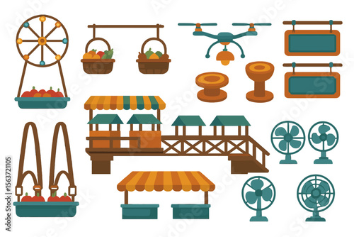Illustration of market scenes featuring vendor stalls, drones, and mist fans.