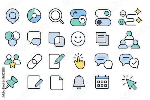 A set of modern, minimalistic vector icons related to communication, productivity, and organization. Includes icons for chat, search, notifications, user interactions, and document editing.