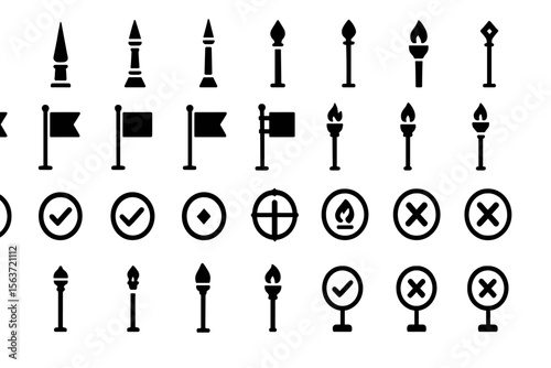 Set of black silhouette icons including flags, torches, and checkmarks.