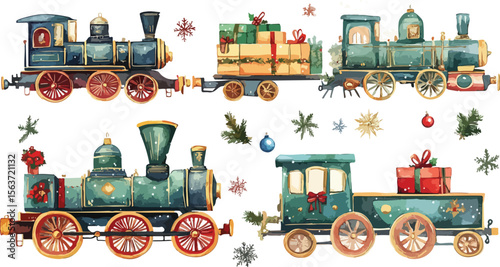 Watercolor Christmas Train Set with Presents and Snowflakes on a White Background for Holiday Designs