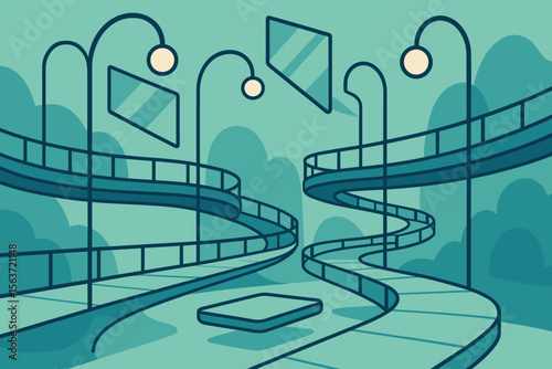 Futuristic curved walkways with tall streetlights and smart panels