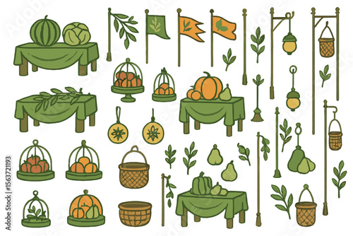 Illustration of market-style produce displays, including fruits, flags, and lanterns.
