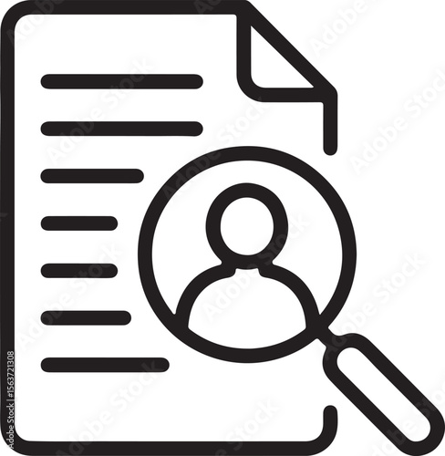Black and white icon of a document with a magnifying glass over a person vector search analysis