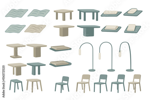 Illustration of minimalist study furniture, including tables, books, and lamps.