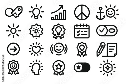 Dark mood and achievement icon set with badges, goals, and symbols
