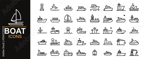 Line art style boat icons including yachts and lighthouses for nautical branding and design.