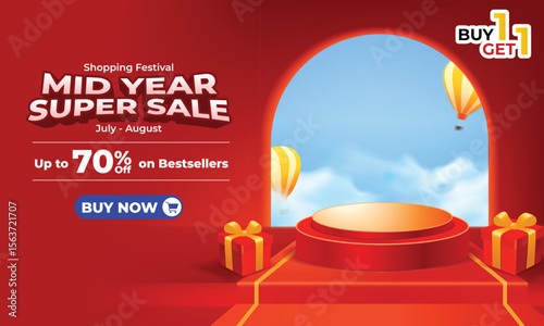 Mid Year Super Sale Red Podium Background