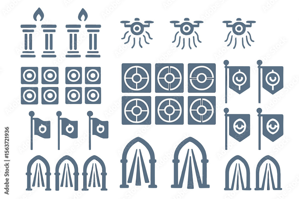 Fototapeta premium Outlined sci-fi and fantasy icon set on metallic background