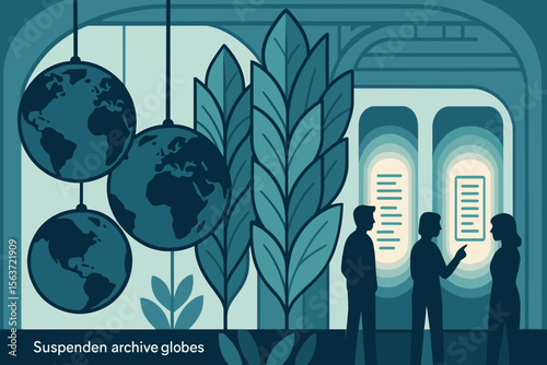 Illustration of people viewing suspended globes in a modern archive