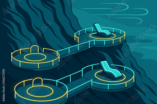 Futuristic cliffside lounge platforms with glowing railings and chairs