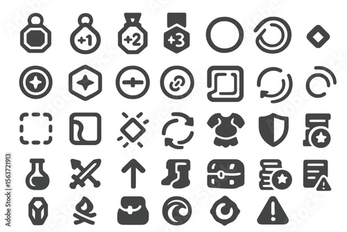 A set of RPG inventory and action vector icons, including potions, shields, clothing, currency, combat tools, and status indicators like boosts, items, and warnings in a minimalistic style.