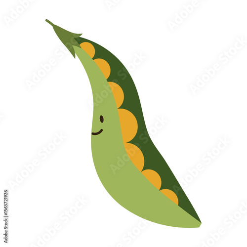 Flat style illustration of pea wth happy face, ideal for healthy eating, cooking projects, and vegetable-inspired designs