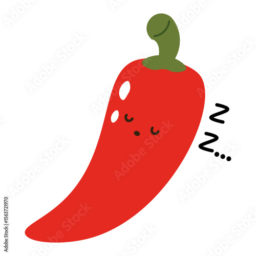 Flat style illustration of a red pepper with sleepy face, ideal for healthy eating, cooking projects, and vegetable-inspired designs