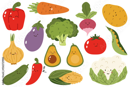 Flat style collection of various cute vegetables with happy faces and  perfect for healthy eating themes, childrens designs, educational materials, and kitchen decor