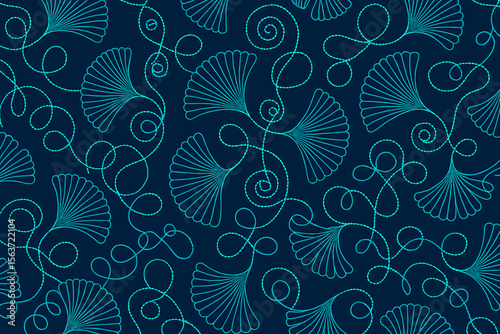 Seamless line art floral pattern with fan-shaped flowers and looped vines