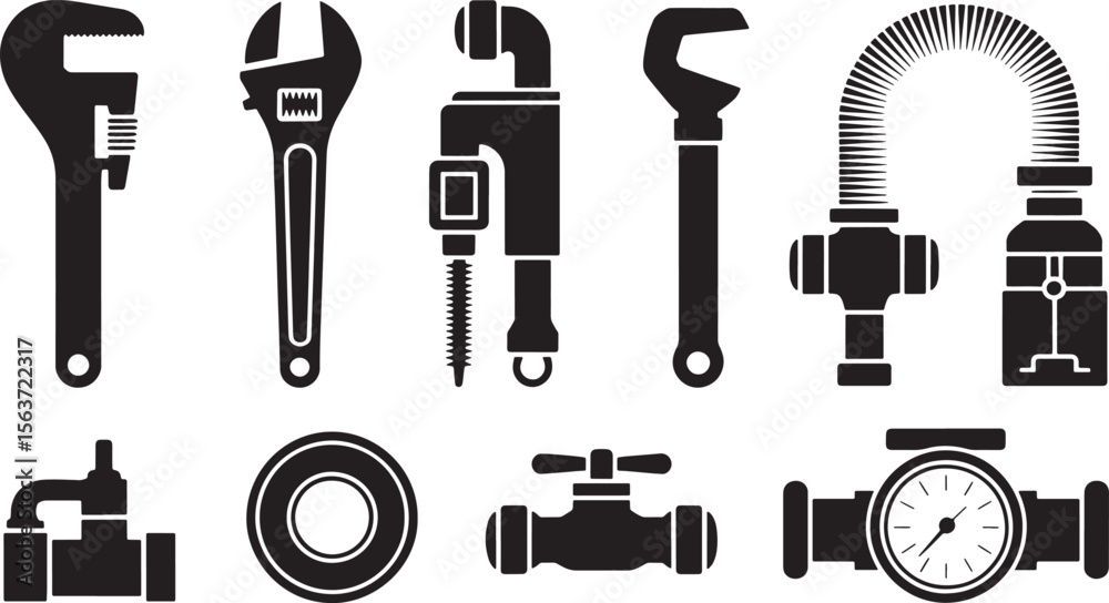 Fototapeta premium Plumbing Mechanic Pipe Wrench Tool Set
