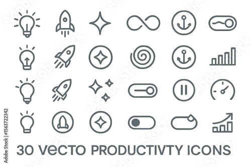 Outlined vector productivity icons with lightbulbs, rockets, and toggles