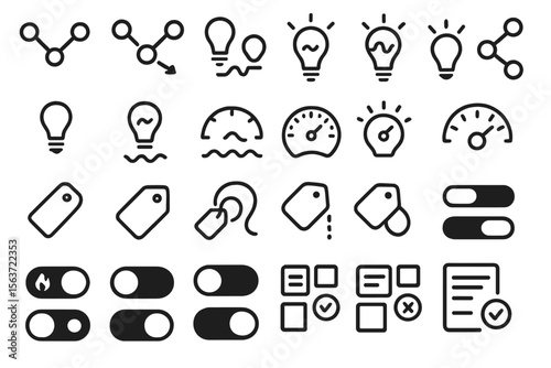 Black vector icon set with toggles, tags, lightbulbs, and UI gauges