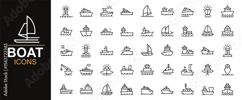Black and white boat icons, including lighthouses, yachts, and vessels, suitable for digital and print designs.