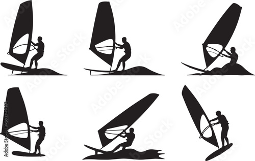Dynamic Windsurfing Water Sport Activity Silhouettes