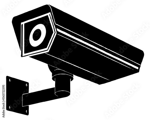 Black and white illustration of a surveillance security camera mounted on a bracket