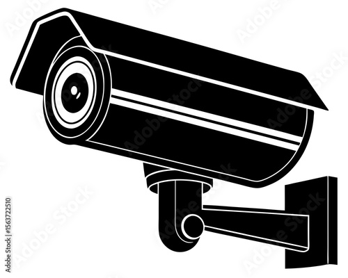 Black and white silhouette of a modern surveillance security camera mounted on a wall