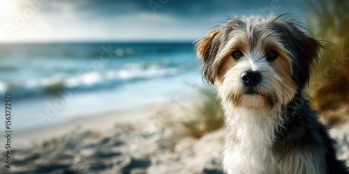 Dog enjoys a sunny day at the beach with gentle waves in the background and soft sand underfoot